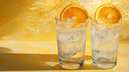 Enjoy a refreshing homemade orange lemonade served in two glasses. Perfect for summer gatherings, this vibrant drink adds a cheerful touch to any occasion.の素材