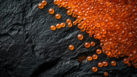 A stunning close-up of vibrant orange salmon roe displayed on a dark surface, showcasing the glossy texture and intricate details of this gourmet delicacy.の素材