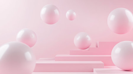 Abstract 3D floating spheres in a minimal scene with open space for product presentation. Perfect for modern design concepts or elegant product displays.の素材