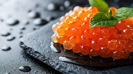 This elegant arrangement showcases fresh salmon roe on a sleek black slate surface, creating a striking visual perfect for gourmet culinary presentations.の素材
