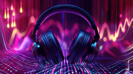 3D headphones with a bright, abstract sound wave background. Visualization of electronic music and digital audio, featuring dynamic colors and patterns.の素材