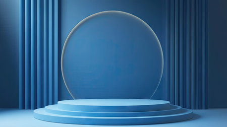 Blue podium display mockup in a studio setting, ideal for product showcases and fashion exhibitions. 3D vector design suitable for gallery presentations.の素材