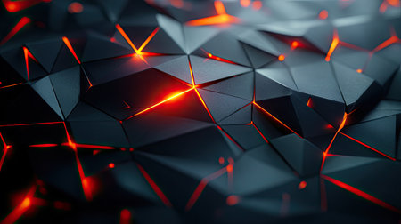 Black polygon design illuminated with radiant red light, creating a striking and futuristic abstract technology background.の素材