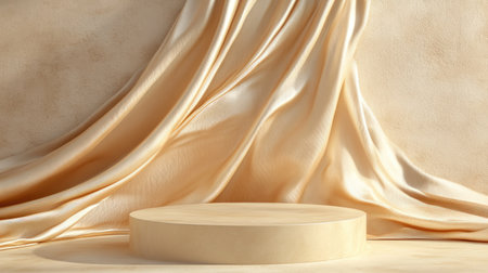 Beige color podium set against a backdrop of gold fabric in a dynamic flying wave. Perfect for luxury branding and premium product showcases.の素材