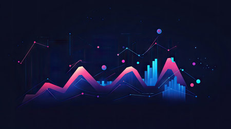 Blue dark background featuring a business investment graph with a positive growth trend. Illustrates financial data, stock market charts, and profit projections.の素材