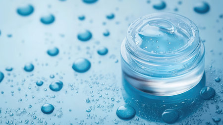 Close-up of moisturizer and hyaluronic acid serum with water droplets on a blue background. Ideal for skincare ads and product presentations.の素材