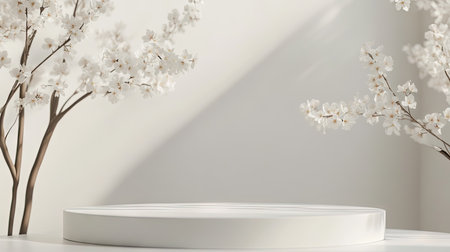 Elegant white podium against a white background. Perfect for presenting natural cosmetic or perfume products. 3D minimalist mockup with a clean, luxurious look for high-end fashion displays.の素材