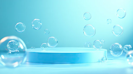 Elegant blue podium stage surrounded by floating soap bubbles. Realistic 3D vector design with rounded rectangular platforms and soapy spheres for a fresh presentation.の素材