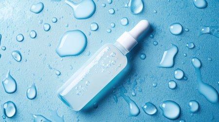 Close-up of moisturizer and hyaluronic acid serum with water droplets on a blue background. Ideal for skincare ads and product presentations.の素材