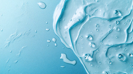 Close-up of moisturizer and hyaluronic acid serum with water droplets on a blue background. Ideal for skincare ads and product presentations.の素材