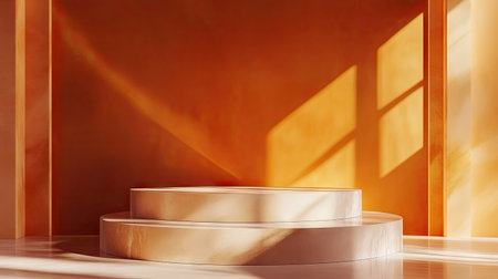 Elegant podium on a bold orange wall, designed for minimal product placement. Perfect for showcasing luxury products in a creative stage mockup. Modern architecture aesthetic in 3D.の素材