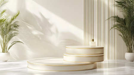 Elegant multi-tiered cream podium with gold lines on the back. Ideal for high-end cosmetic product display. 3D rendering with a sophisticated design for a luxurious presentation.の素材