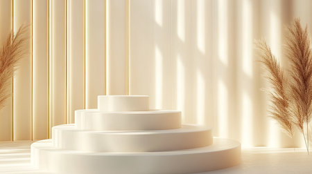 Elegant multi-tiered cream podium with gold lines on the back. Ideal for high-end cosmetic product display. 3D rendering with a sophisticated design for a luxurious presentation.の素材
