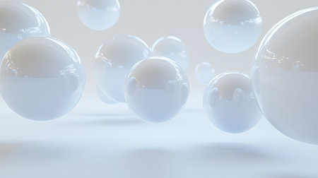 Floating 3D spheres in a clean, empty environment. Spacious backdrop designed for product design showcases or minimalistic branding displays.の素材