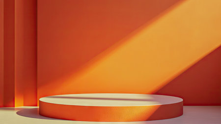 Elegant podium on a bold orange wall, designed for minimal product placement. Perfect for showcasing luxury products in a creative stage mockup. Modern architecture aesthetic in 3D.の素材