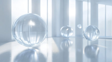 Floating 3D spheres in a spacious, clean environment. Designed for product design showcases or branding presentations with an elegant, modern feel.の素材