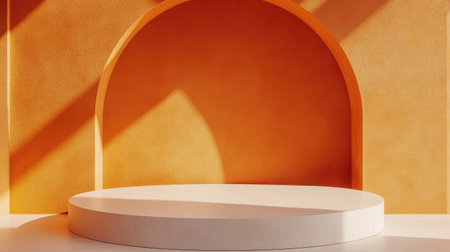 Elegant podium on a bold orange wall, designed for minimal product placement. Perfect for showcasing luxury products in a creative stage mockup. Modern architecture aesthetic in 3D.の素材
