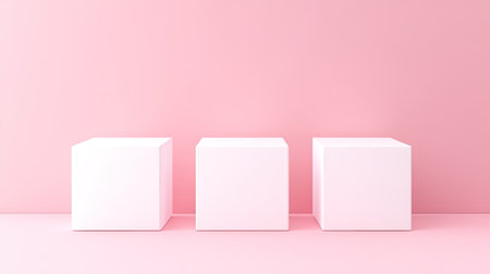 Elegant setup with three white blank cubes on a pastel pink background. Ideal for product displays and technical concept presentations in 3D rendering.の素材