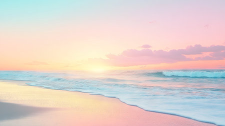 Gradient beach sunset landscape with soft, warm hues blending into the horizon. Ideal for capturing the tranquil beauty of a coastal evening, with gentle waves reflecting the gradient sky.の素材