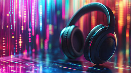 Headphones in 3D on a colorful sound wave background. Modern digital sound visualization with a lively music equalizer effect and vibrant colors.の素材
