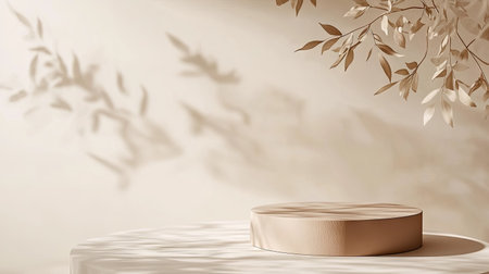 Minimalist brown podium display with soft lighting and delicate leaf shadows. Ideal for showcasing cosmetics, branding, or packaging in a serene, natural setting.の素材