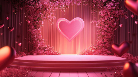Heart-themed stage podium for Valentine's Day, with a romantic backdrop. Ideal for product displays, branding events, and advertising with festive decorations.の素材