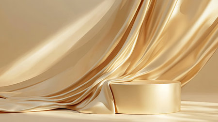 Luxurious beige podium highlighted by flowing gold fabric in a 3D rendering. Ideal background for premium product presentation and sophisticated branding.の素材