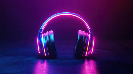 Headphones with a neon light glow in 3D rendering. Intense, colorful illumination of the music playing, creating an electrifying visual effect.の素材