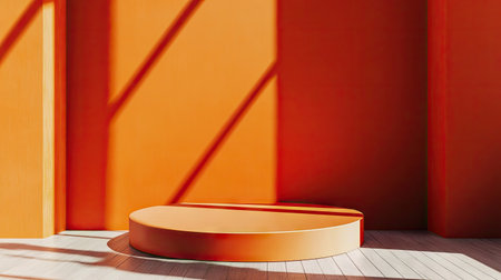Minimalist 3D podium on a bold orange wall, ideal for luxury product placements. Creative and stylish stage mockup perfect for high-end interior aesthetic presentations.の素材