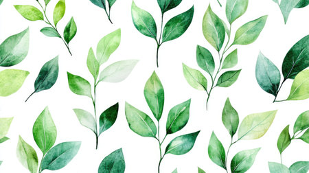 Hand-drawn green leaves in watercolor arranged into a seamless pattern. A fresh and organic design, ideal for creating natural backgrounds, wedding invitations, or stationery.の素材