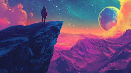 Human adventurer on a surreal planet, observing the breathtaking cosmic scene in a pop art vector illustration. Vibrant, eye-catching colors and fantastical celestial visuals.の素材