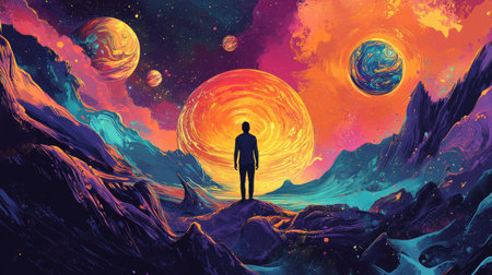 Human figure exploring a fantastical planet, amazed by the cosmic wonders in a pop art-inspired vector illustration. Dynamic colors and imaginative space features.の素材