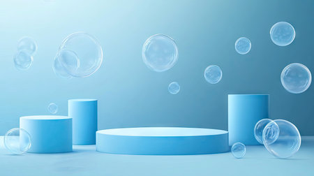 Modern blue podium stage with soap bubbles drifting across the scene. Realistic 3D vector design with rounded rectangular platforms and soapy spheres for a fresh look.の素材