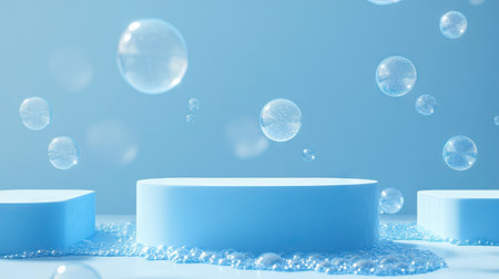 Realistic 3D blue podium stage with soap bubbles. Rounded rectangular platforms and flying soapy spheres create a clean, modern background for showcasing products.の素材