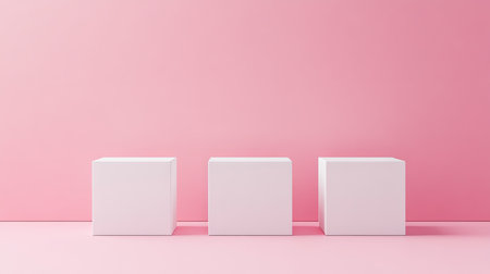 Three blank white cube podiums with a pastel pink background. Clean, minimalistic design for showcasing products and technical 3D rendering.の素材