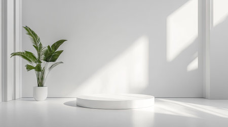 Simple white studio with a white podium. Ideal for clean, professional product presentations or design displays. Features a minimalist design with ample space for creative elements.の素材