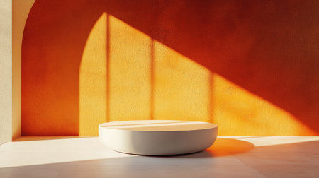 Minimalist product presentation with a podium on an eye-catching orange wall. Perfect for luxury architecture aesthetics and innovative product platform mockups. 3D scene.の素材