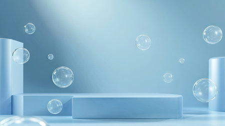 Stylish blue podium stage with bubbles floating in the air. 3D vector background with rounded rectangular platforms and soapy spheres, ideal for creative product displays.の素材