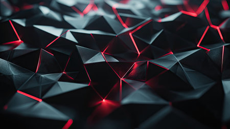 Modern black polygon background with sleek red light elements, ideal for a sophisticated and futuristic technology look.の素材