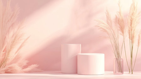 Pastel pink and beige cylinder podiums on an abstract 3D background. Minimalist geometric scene designed for elegant product displays and presentations.の素材