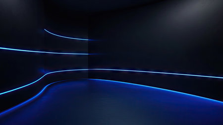 Sophisticated dark grey backdrop with radiant blue light lines and smooth shadow effects, perfect for a high-end and modern look.の素材