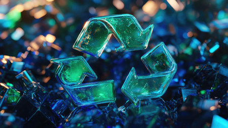 A vibrant 3D recycling symbol made of glass rests on a colorful backdrop. This artistic representation highlights themes of sustainability and eco-friendliness in a modern design.の素材