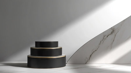Premium podium display against a sleek gray background for cosmetic product branding and packaging presentations. Studio stage with subtle shadows, perfect for elegant product showcases.の素材