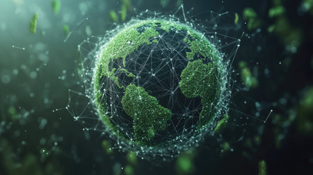 Stunning 3D visualization of Earth surrounded by a network of interconnected elements, highlighting themes of sustainability, technology, and digital innovation.の素材
