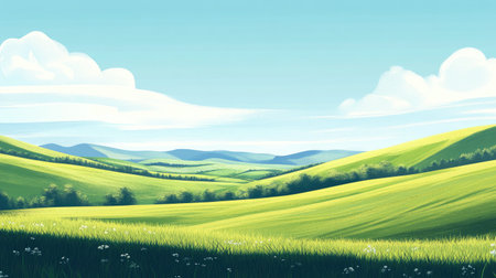 Serene green fields stretching over gentle hills with blue skies in a vector countryside scene. The illustration features meadows, pasturage, and a panoramic view of rural scenery.の素材