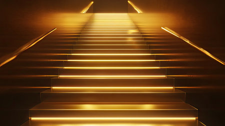 A stunning futuristic golden staircase in 3D design, illuminated by soft lights, creating a captivating atmosphere that emphasizes elegance and modernity.の素材