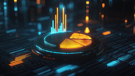 A vibrant and futuristic digital representation of a pie and bar graph, showcasing glowing data visualizations amidst a tech-inspired background.の素材