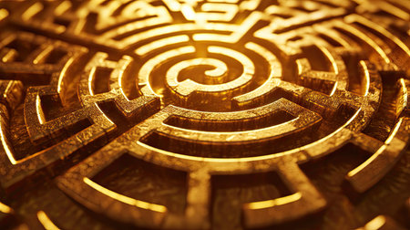 This captivating golden 3D labyrinth structure showcases intricate patterns and textures, offering a stunning visual experience. Perfect for artistic projects.の素材