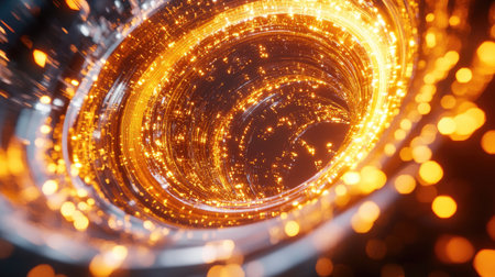 Explore a stunning 3D depiction of a golden vortex, radiating light and energy, creating a mesmerizing effect perfect for futuristic design themes.の素材