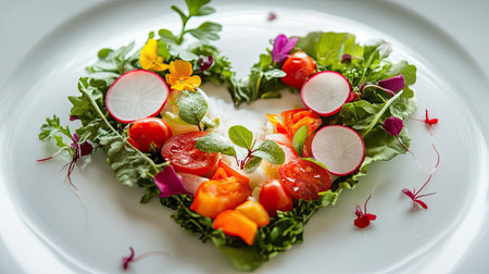 This artistic heart-shaped salad showcases a vibrant mix of fresh vegetables, including radish and tomatoes, beautifully arranged on a plate for a healthy dish.の素材